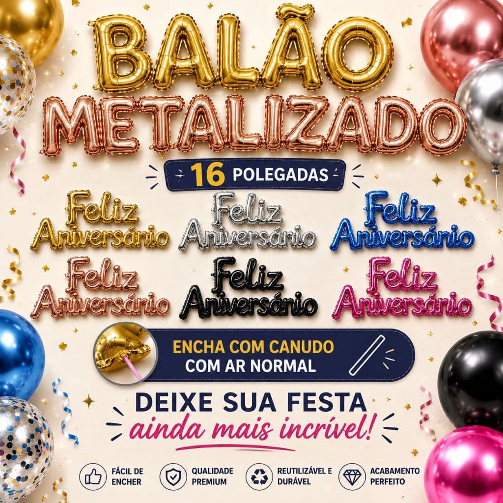 Balão Metalizado Feliz Aniversario CURSIVO Decorativo