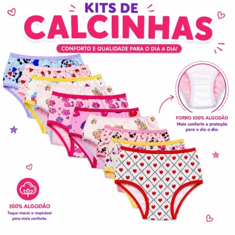 Kit de calcinhas infantis estampadas com forro 100% algodao cores variadas (5,10 ou 20 no kit)