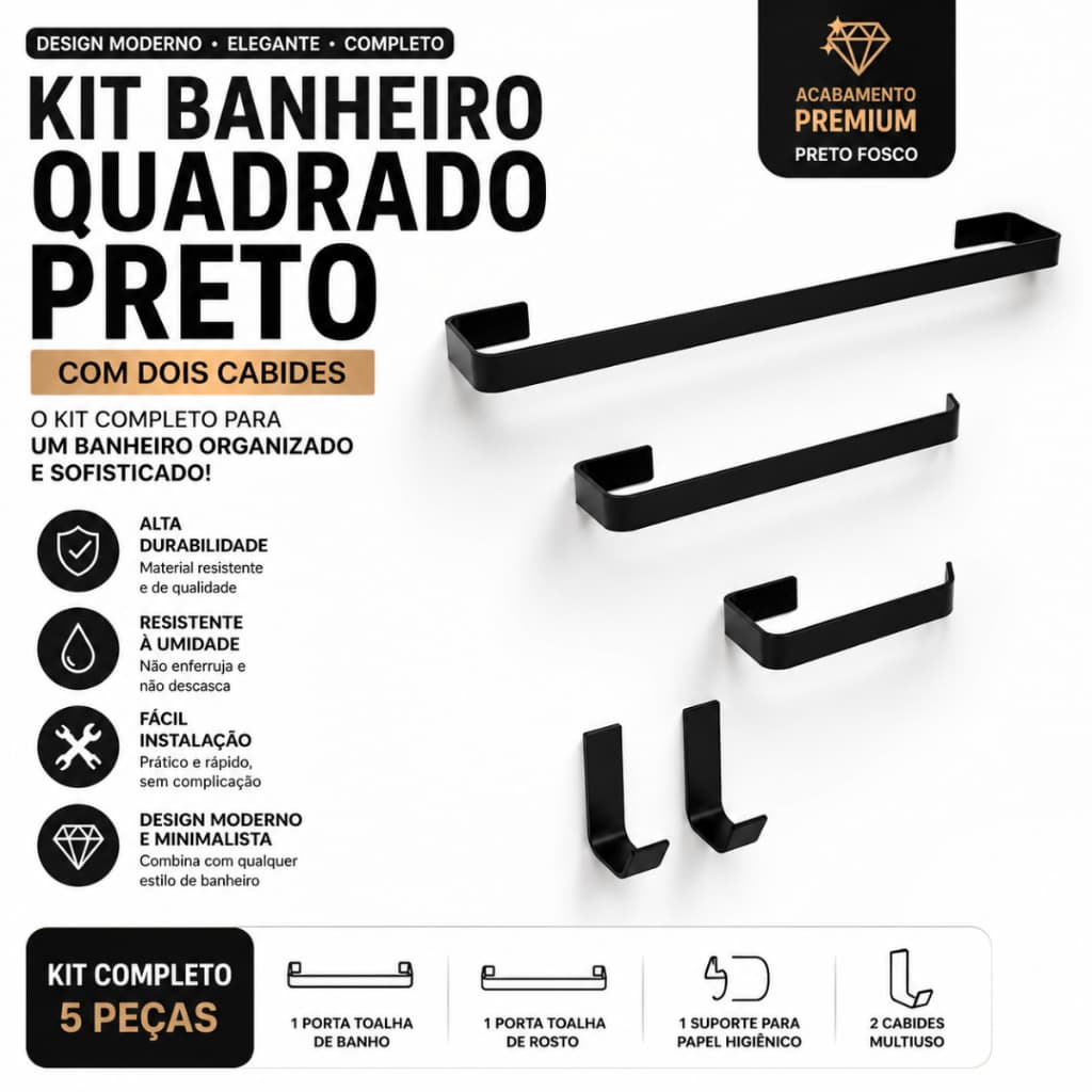 Kit Acessórios 05 Peças Para Banheiro Quadrado Conjunto Preto Fosco Luxo