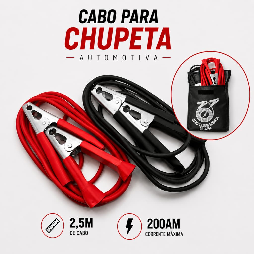 Cabo de Chupeta Automotivo com Bolsa Reforçado para Carga na Bateria Carro Moto Caminhão Garras Isoladas 2,5 Metros 200a