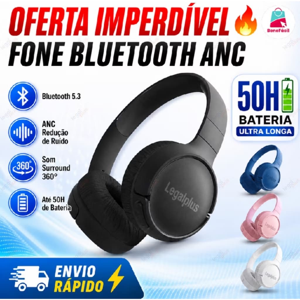 510Fone de Ouvido Headphone Sem Fio ANC Hi-Fi, Bluetooth 5.3, Bateria de Longa Duração, Almofadas