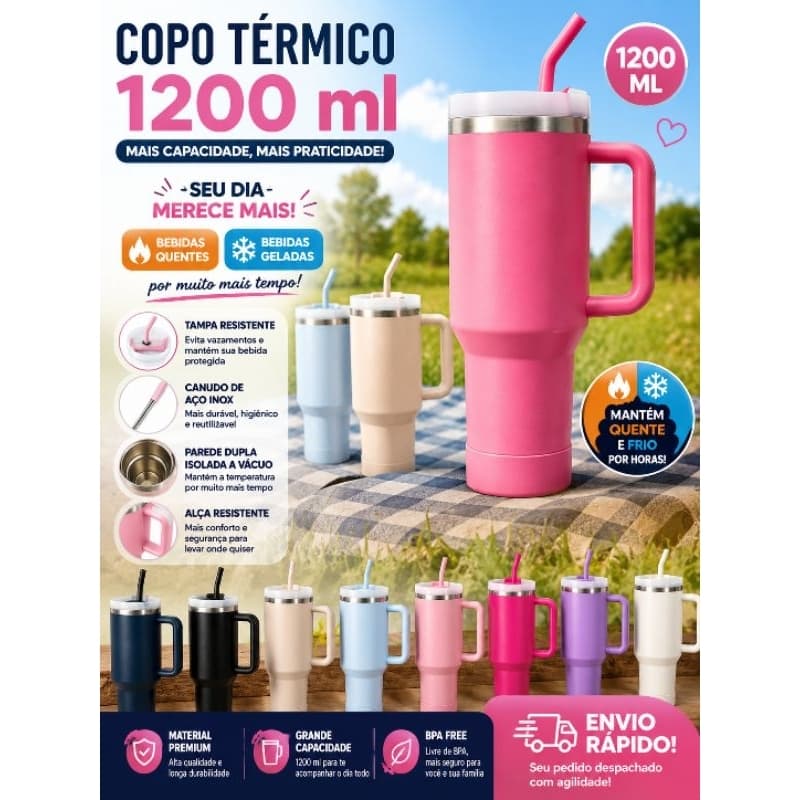 Copo Térmico 1200ml Aço Inox com Alça e Canudo para Carro Viagem e Acampamento 8 Cores Disponíveis