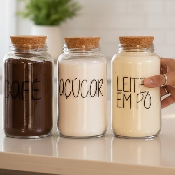 Kit Cantinho do Café 3 Potes de Vidro 810ml | Café, Açúcar e Leite em Pó | Tampa de Rolha Cortiça | Porta Mantimentos