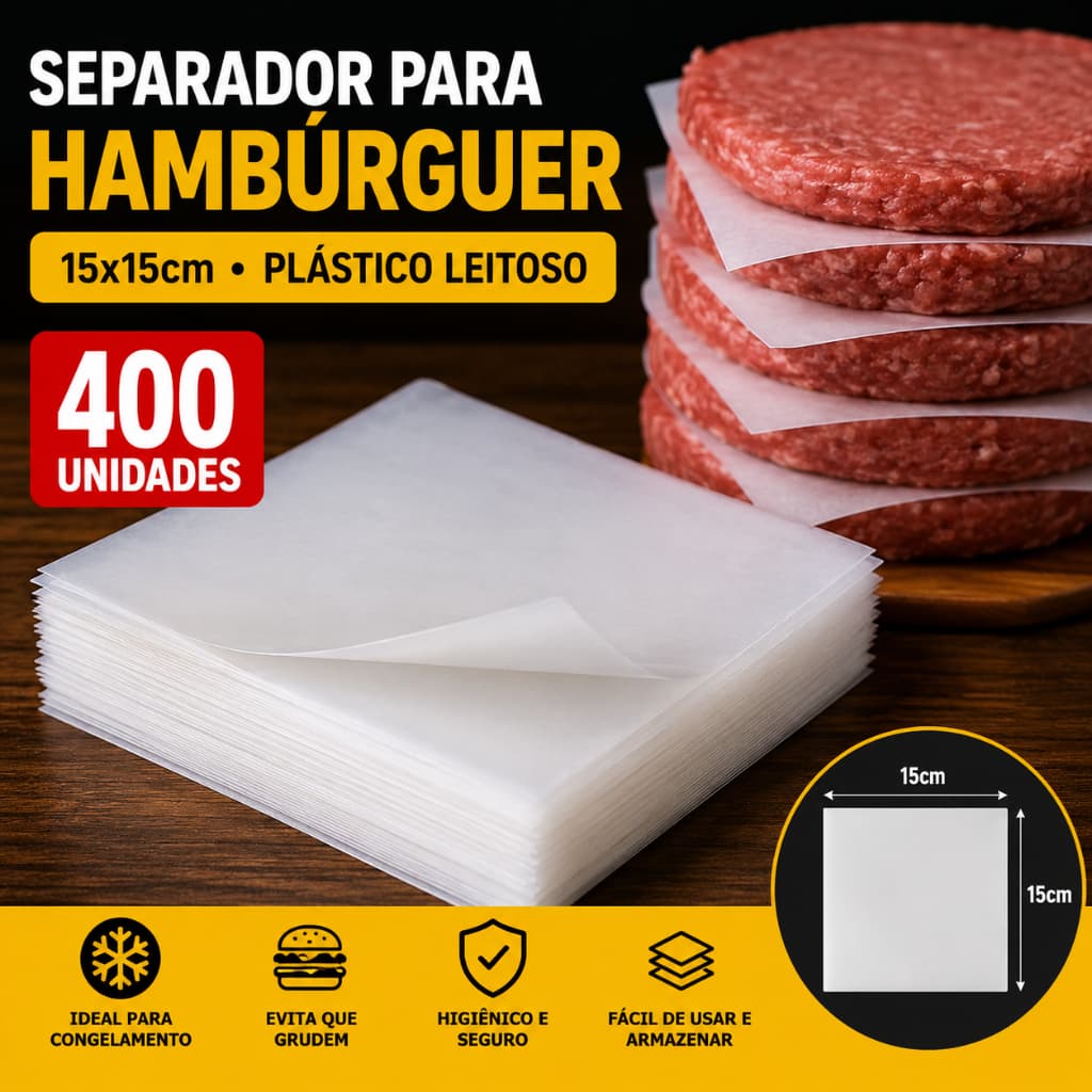 Separador de Hambúrguer 15x15cm 400 Unidades Plástico Leitoso Antiaderente para Congelamento