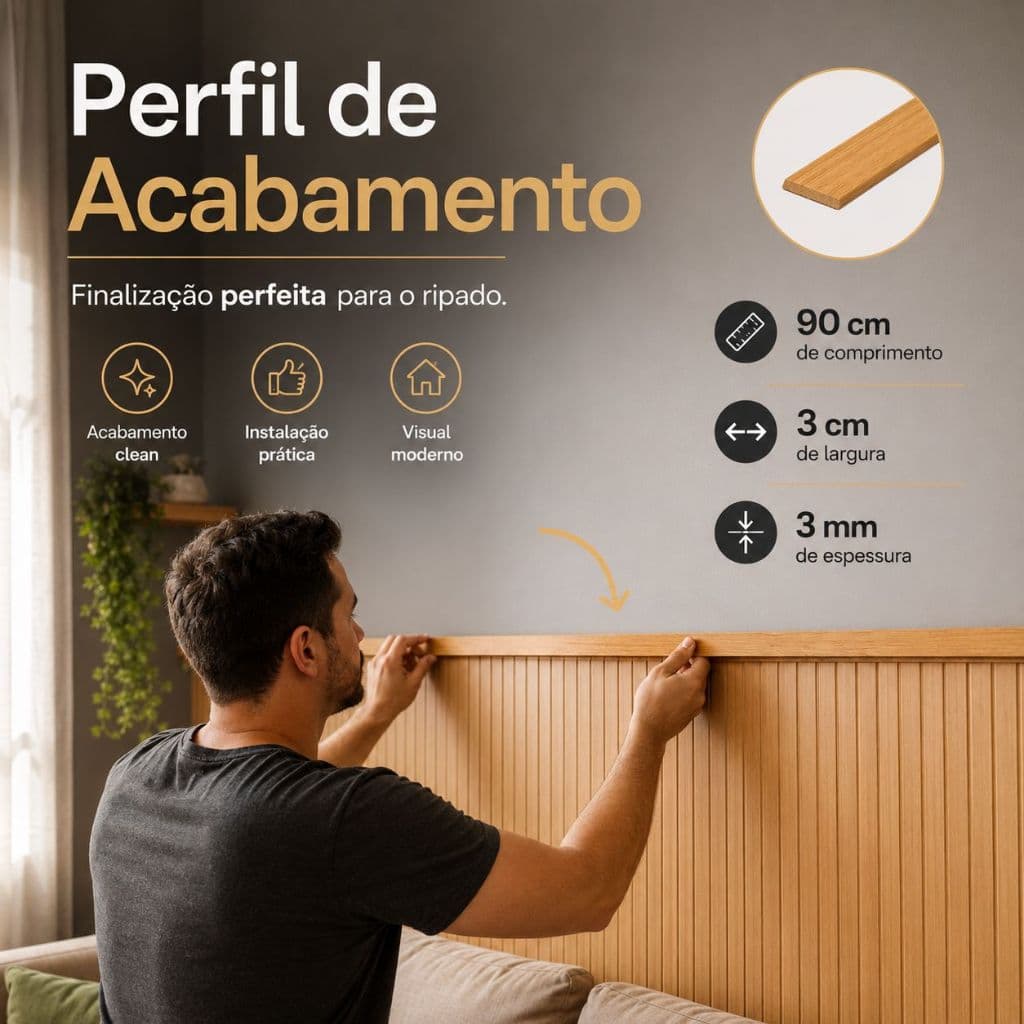 Perfil de acabamento para Parede e Painéis ripados moderno e práticos 90x3