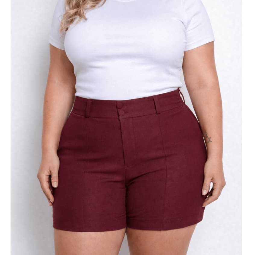 Short Social Feminino Plus Size Bengaline Com Botão E Zíper Alfaiataria Cintura Alta 42 ao 52