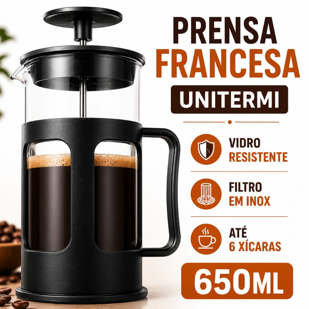 Prensa Francesa Unitermi 650ml Cafeteira Francesa French Press Vidro Inox Café 6 Xícaras