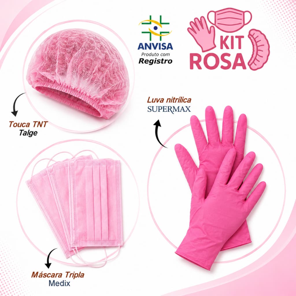 Kit Luva Nitrílica + Toucas + Mascara Rosa TNT com ANVISA
