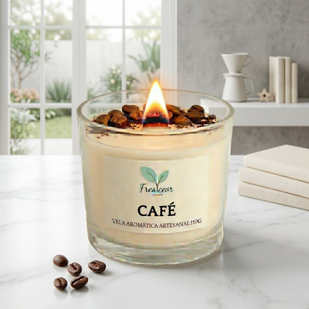 Vela Aromática de Café Premium - Cera de Coco - Pote de Vidro Elegante - Pavio de Madeira
