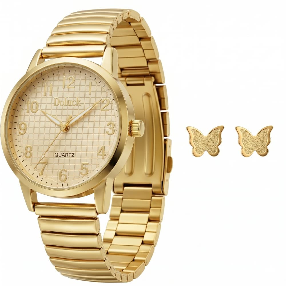 Relógio Doluck Dourado + Brincos | Pulseira de mola
