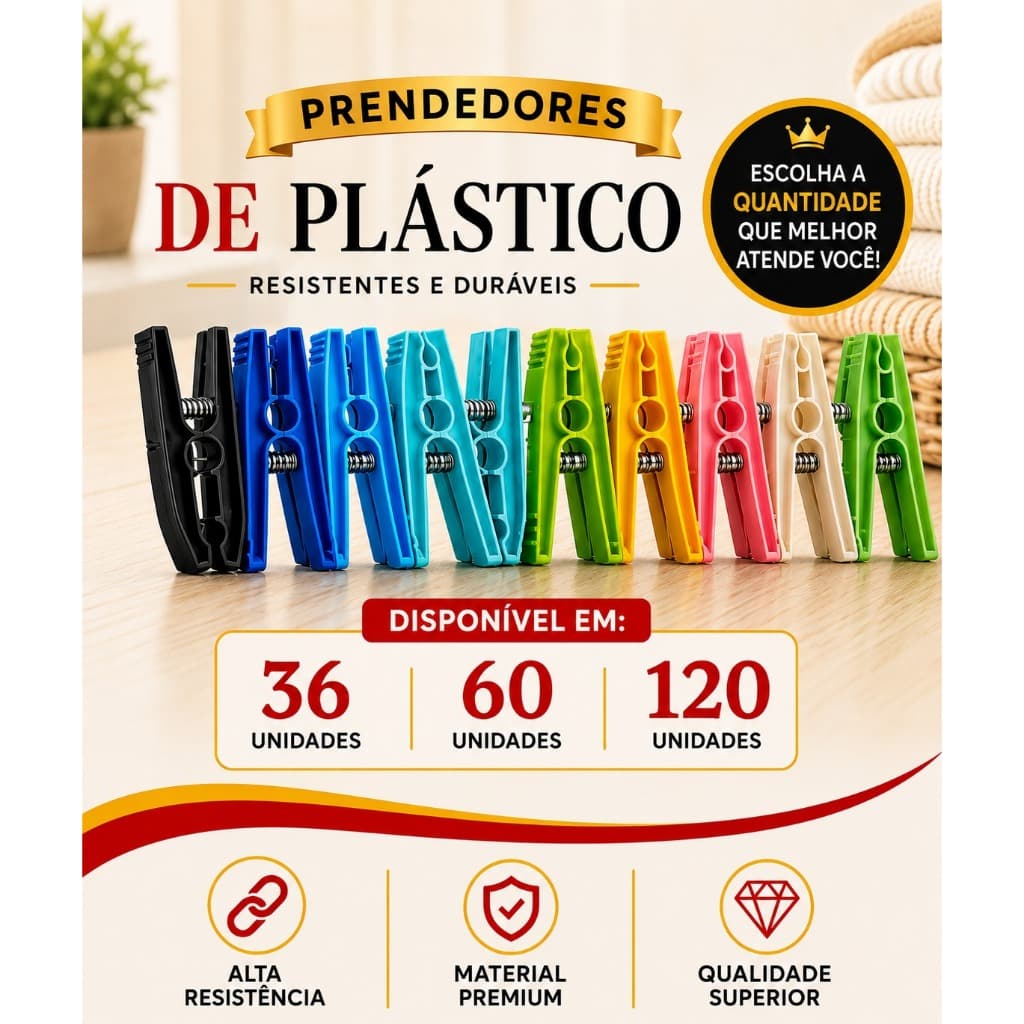 Kit 36/60/120 Pregador Roupa Plástico Reforçado Grande Sortidos Grampo Prendedores Para Varal Forte