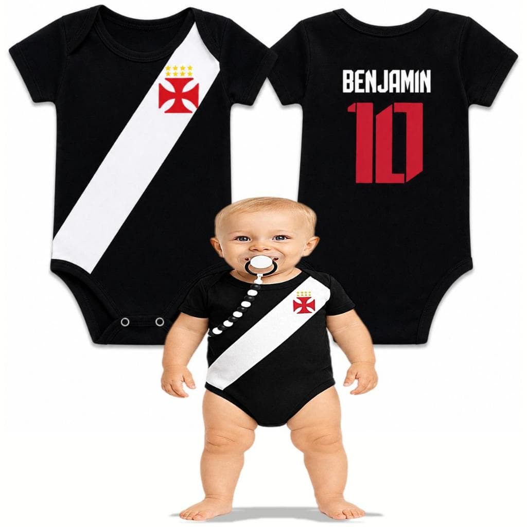 Body de Bebê Vasco Com Nome do Bebê Personalizado + Shorts Calção Tapa Fraldas Menino Menina
