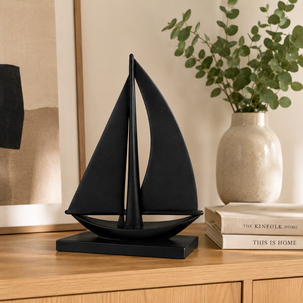Veleiro Decorativo  Sala Escultura Barco Minimalista Preto Com Base
