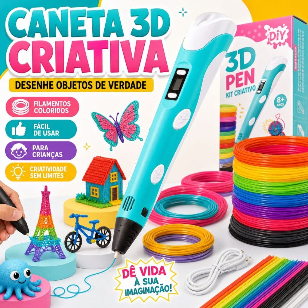 Caneta 3D para Impressão e Desenho 3D com Filamentos Coloridos e Controle de Velocidade -  Daling