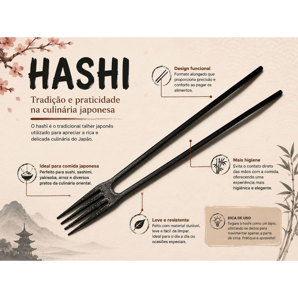 Hashi 2 em 1 com Garfo | Ideal para Sushi, Sashimi, Yakisoba e Massas | Reutilizável | Leve e Resistente