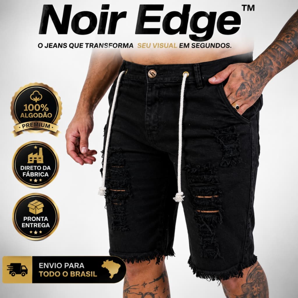 🔥 Bermuda Jeans Masculina Preta Destroyed Slim 100% Algodão Premium Noir Edge | Direto da Fábrica