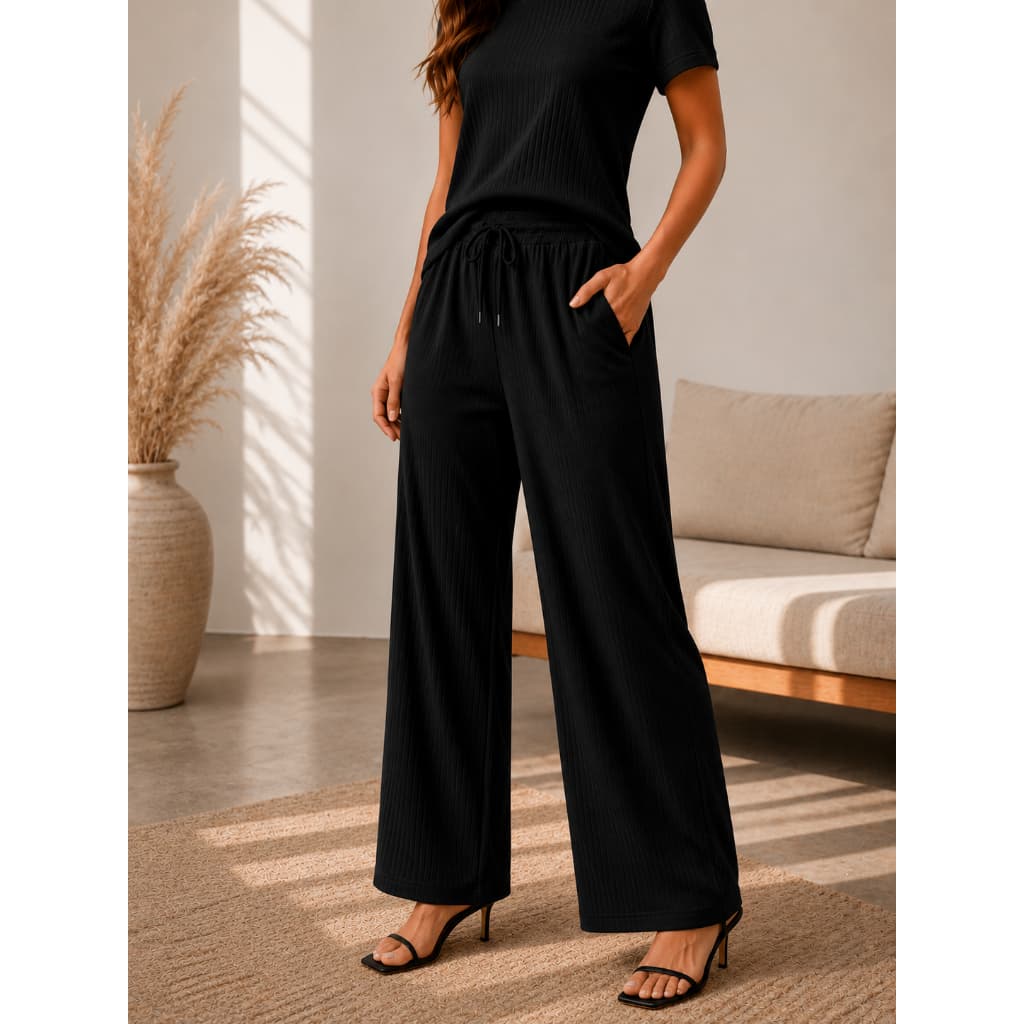 Calça Pantalona Feminina Canelado texturado Calça Basica Feminino Cintura Alta Pantalona Elegante