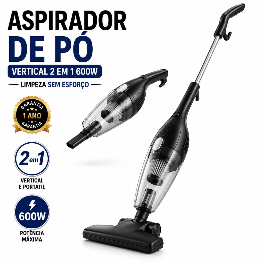 Aspirador de Pó Vertical 2 em 1 600W Portátil Alta Sucção 110V Limpeza Casa Sofá Carro