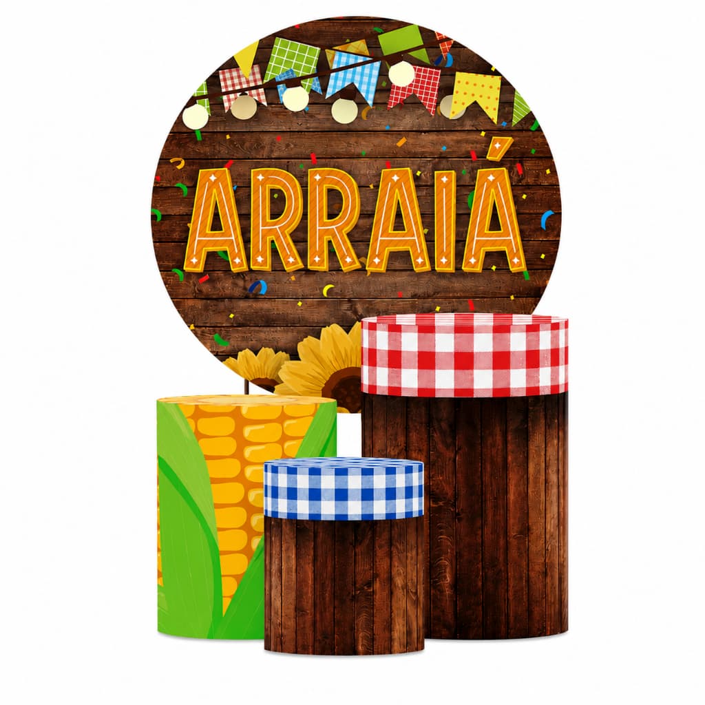 Conjunto Painel Redondo e Capas de Cilindro para Decoração de Festa Junina - Diversos Temas Disponíveis
