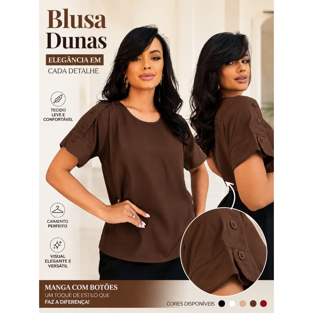 Blusa Feminina Social Elegante Dunas Manga Curta Casual Botões Laterais P ao GG