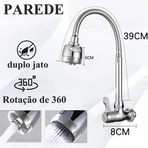 Torneira de Cozinha Cromada Parede Pia Gourmet Flexível 1/4 de Volta 360°