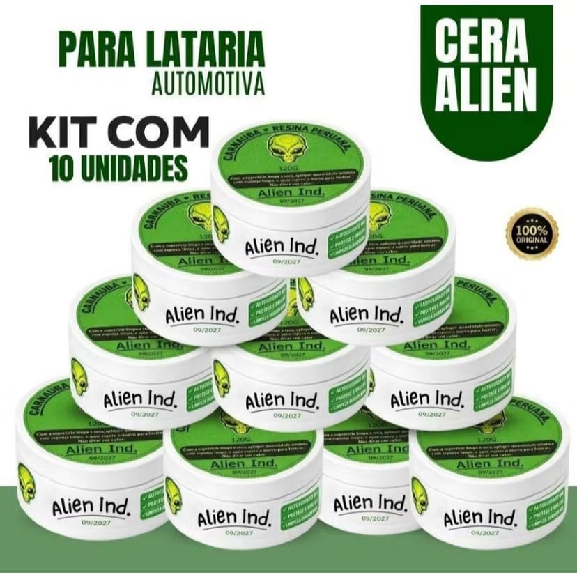 Kit 10 Ceras Automotivas Alien Ind Tira Risco Queimado Espelhamento Cerâmico Super Brilho Renova e Protege a Lataria