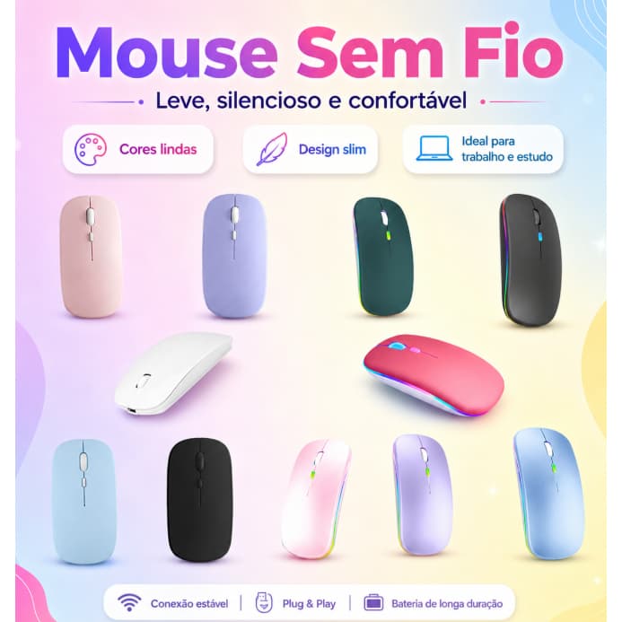Mouse Sem Fio Silencioso Duplo Modo – Bluetooth e USB, Compatível com Windows, Android, iOS e Mac