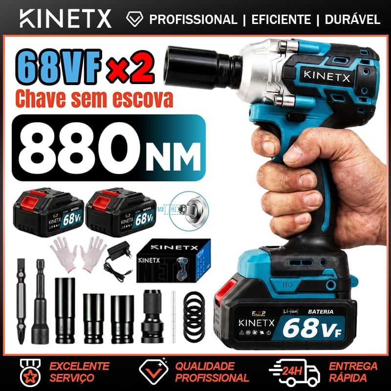 Kit Chave de Impacto Sem Escova 880NM 68VF 2 Baterias 17/19/21mm 3 Função Chave Inglesa Broca Elétrica Maleta KINETX