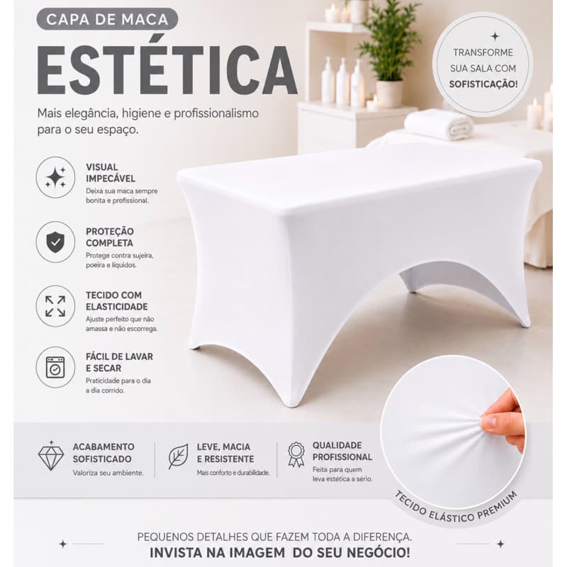 Capa legging para maca estética fixa/maleta/portátil branca tecido Suplex sem transparência