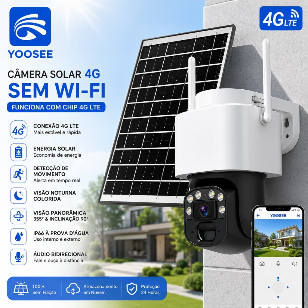 Câmera de Segurança Solar APP YOOSEE Com 4G chip com Painel Solar + Proteção IP66 HD Visão Noturna Áudio