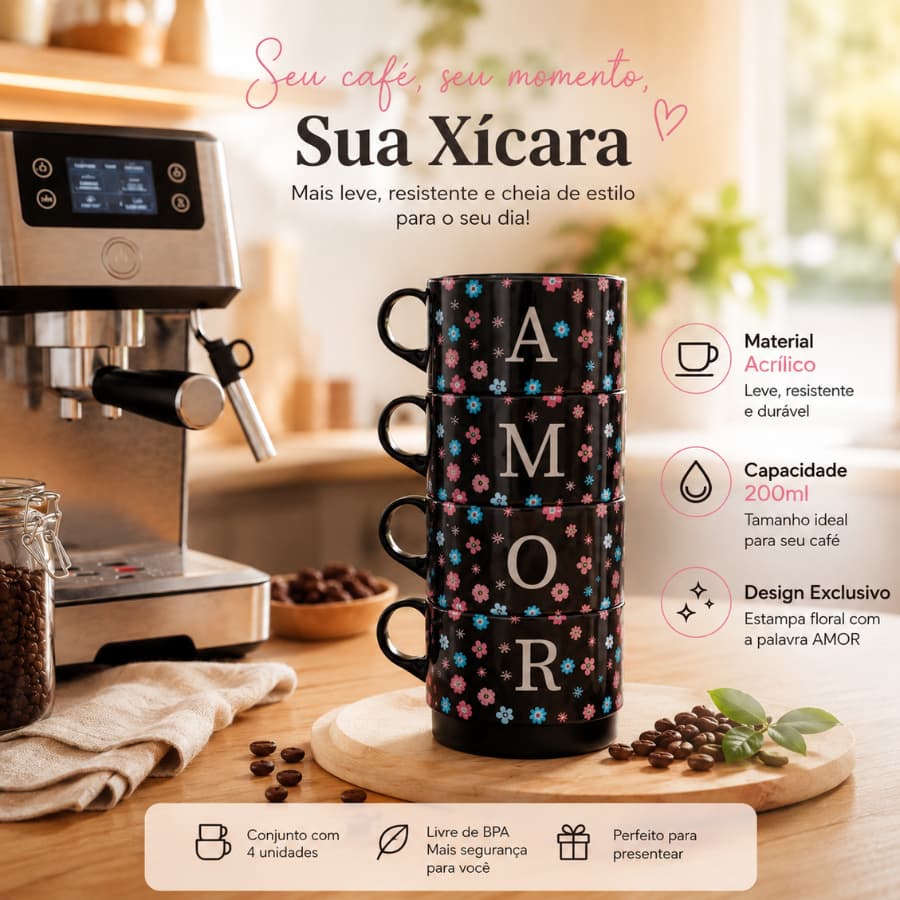 Kit 4 Xícaras de Café Acrílico 200ml Estampa Amor Resistente Presente Chá Cappuccino Cozinha