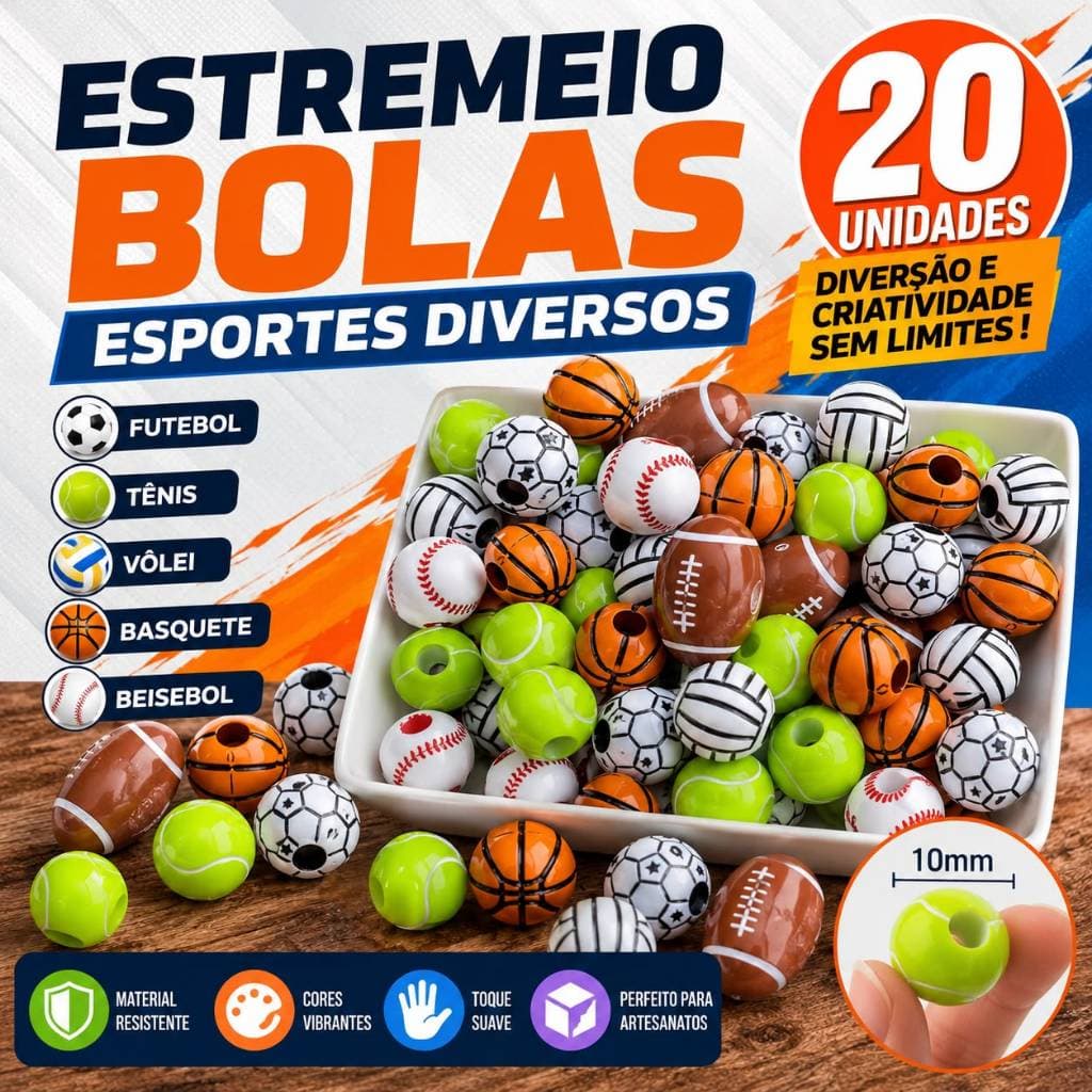 Estremeio Bola Esportes Diversos 20 Unidades Miçangas Bola Futebol Tenis Volei Basquete Beisebol Sortido