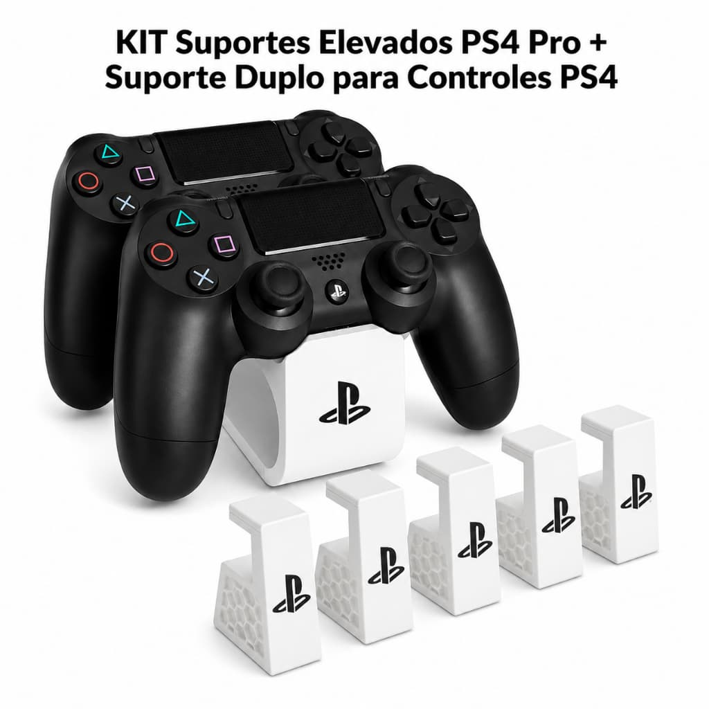 Kit Suportes Elevados PS4 Pro + Suporte Duplo Para 2 Controles PS4 Organizador Gamer - Suportes Elevadores PS4 Pro