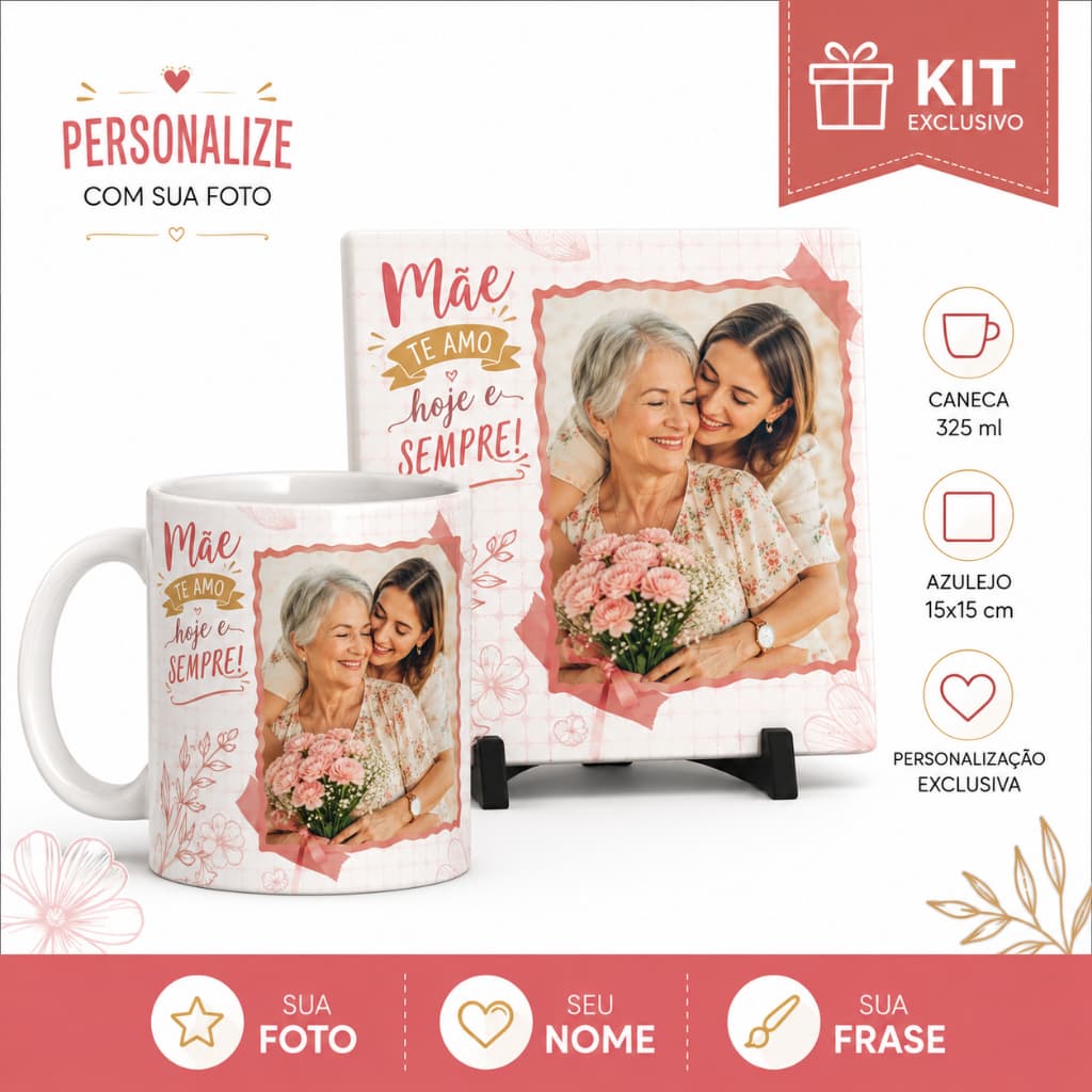 Kit Caneca e Azulejo Personalizado com Foto Presente Dia das Mães Pais Avós Namorados 325ml