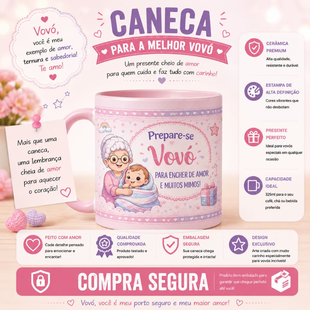 Caneca Gestação Presente Gravidez | Surpresa Anúncio | Presente surpresa para Vovó