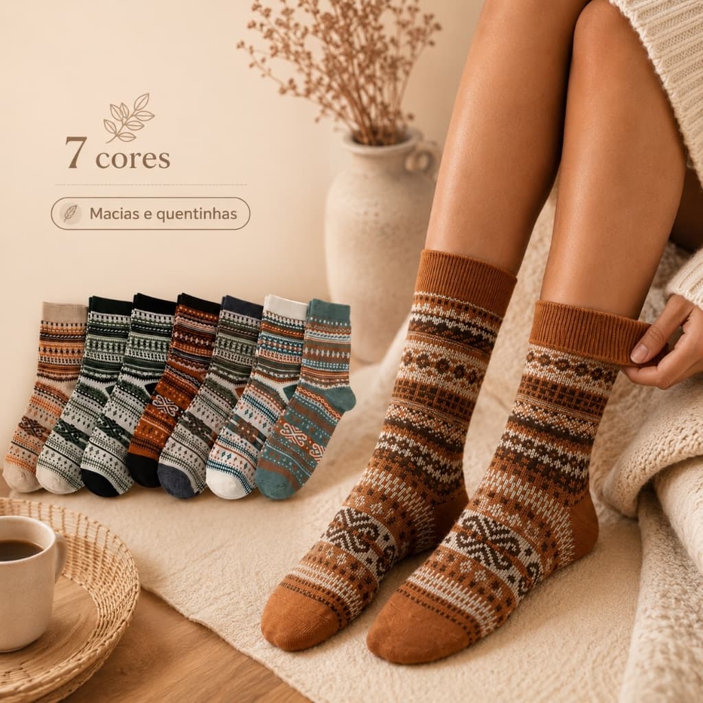 Kit 6 Pares Meia Feminina Inverno Cano Médio Estampa Nórdica