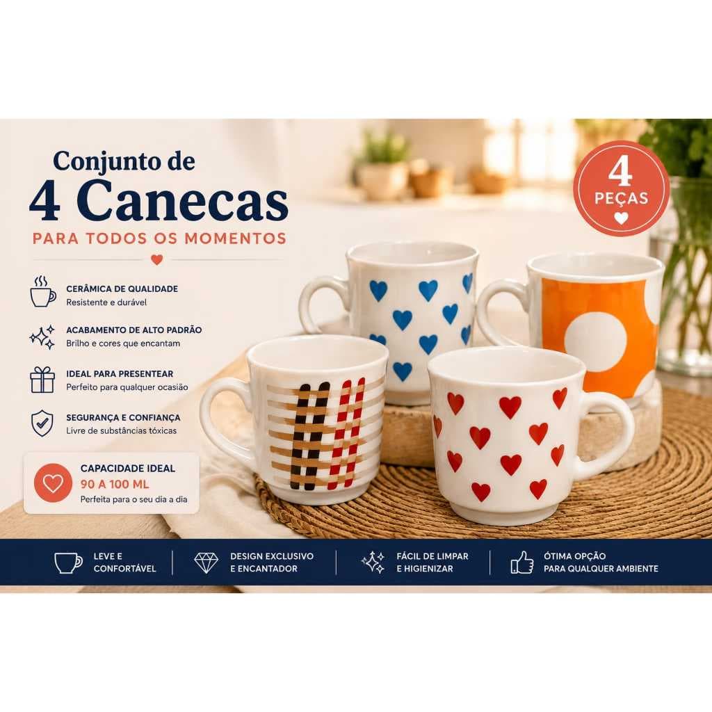 conjunto 4 canecas de ceramica 90 a 100 ml café