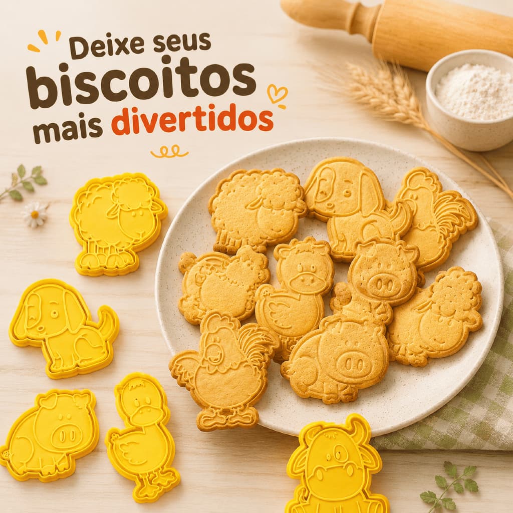 Kit 6 Cortadores de Biscoito com Carimbo Animais da Fazenda para Confeitaria Infantil