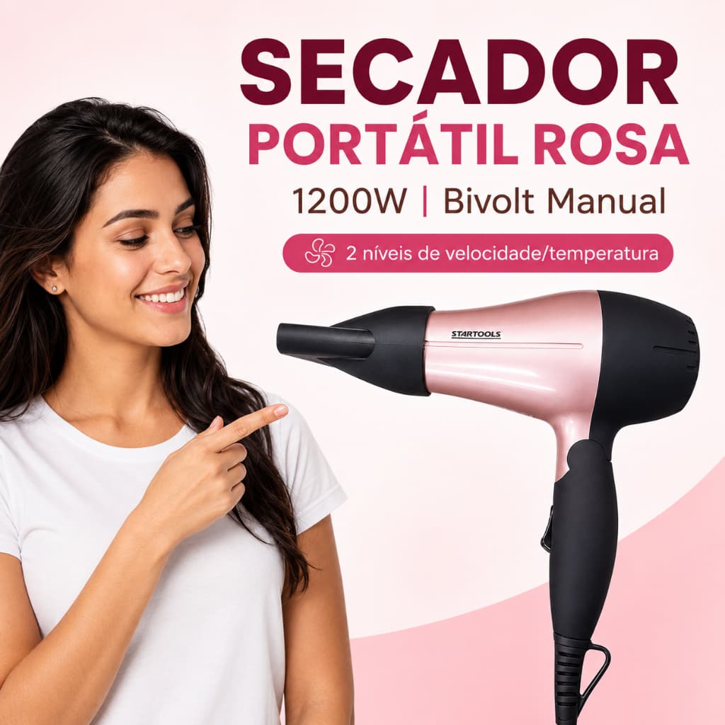 Secador de Cabelo Portátil 1200W Rosa Bivolt Manual 110V/220V 2 Velocidades Compacto