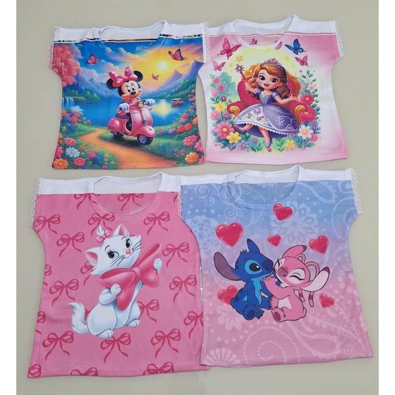 Kit 4 ou 8 Blusinhas Infantil Menina Personagens Confortável