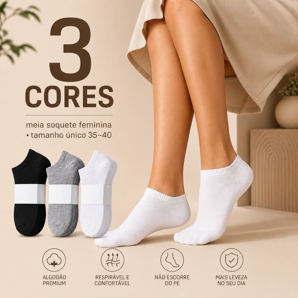 Kit 6 Pares Meia Soquete Feminina Algodão Premium Não Escorre