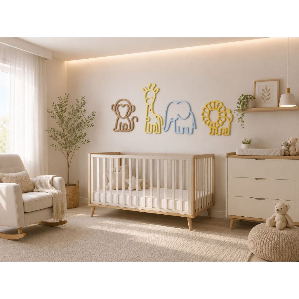 🦒 Kit Safari Decorativo para Quarto de Bebê | 4 Quadros premium sem precisar furar