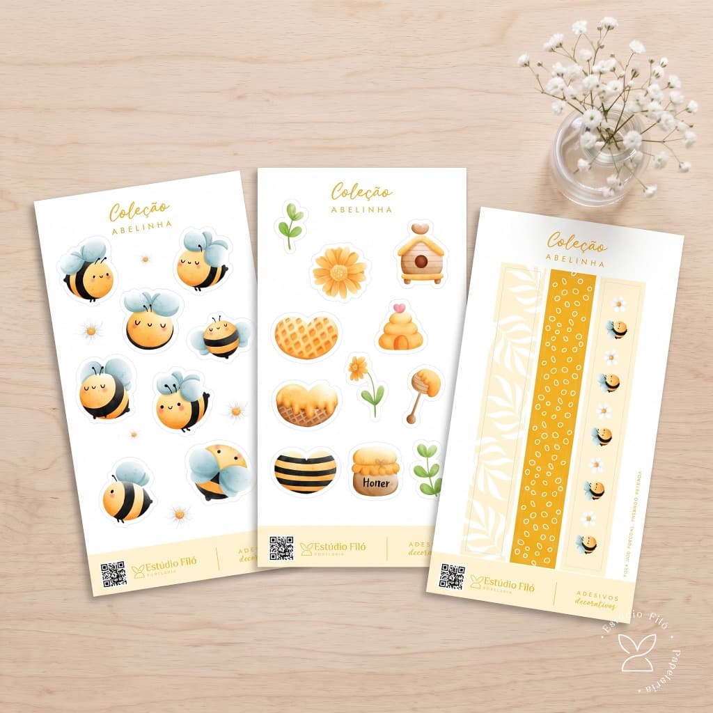 Kit 3 Cartelas de Adesivos Tema Abelhinha | Planner, Caderno, Agenda, Scrapbook