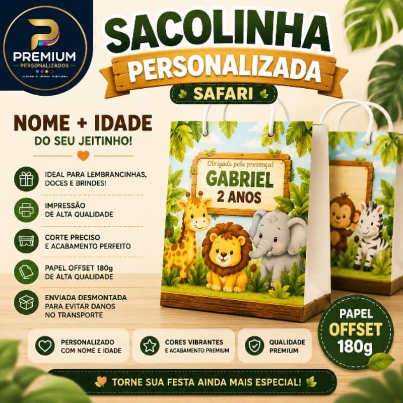 Sacolinha Personalizada Safari M | Nome e Idade | Festa Infantil | Lembrancinha | Pegue e Monte