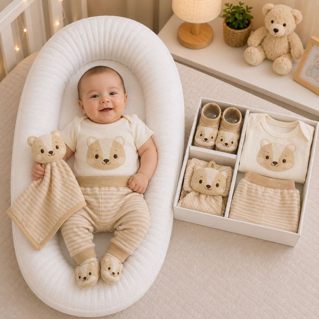 Presente Bebê Raposa Naninha Pantufa 3D Body Algodão Calça Mijão Bege Neutro Recém Nascido P