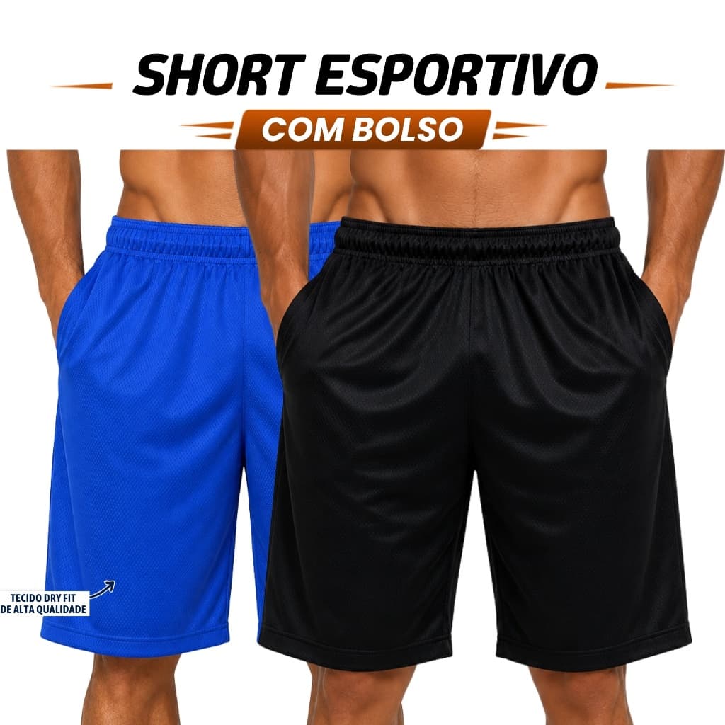 Short Masculino Dry Fit Com Bolso Tecido Respirável Academia Treino Corrida Fitness