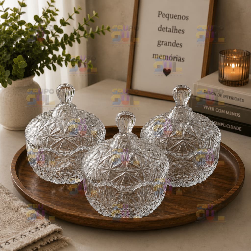 Kit 3 Bomboniere Pote De Vidro Com Tampa Para Doces Balas Mesa Posta Decoração Decorativo