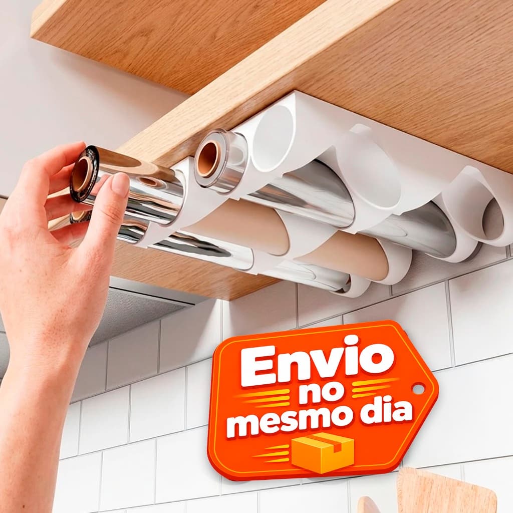 Porta Papel Alumínio e Filme PVC Duplo Sem Furar | Suporte para Rolos de Cozinha com Fita 3M
