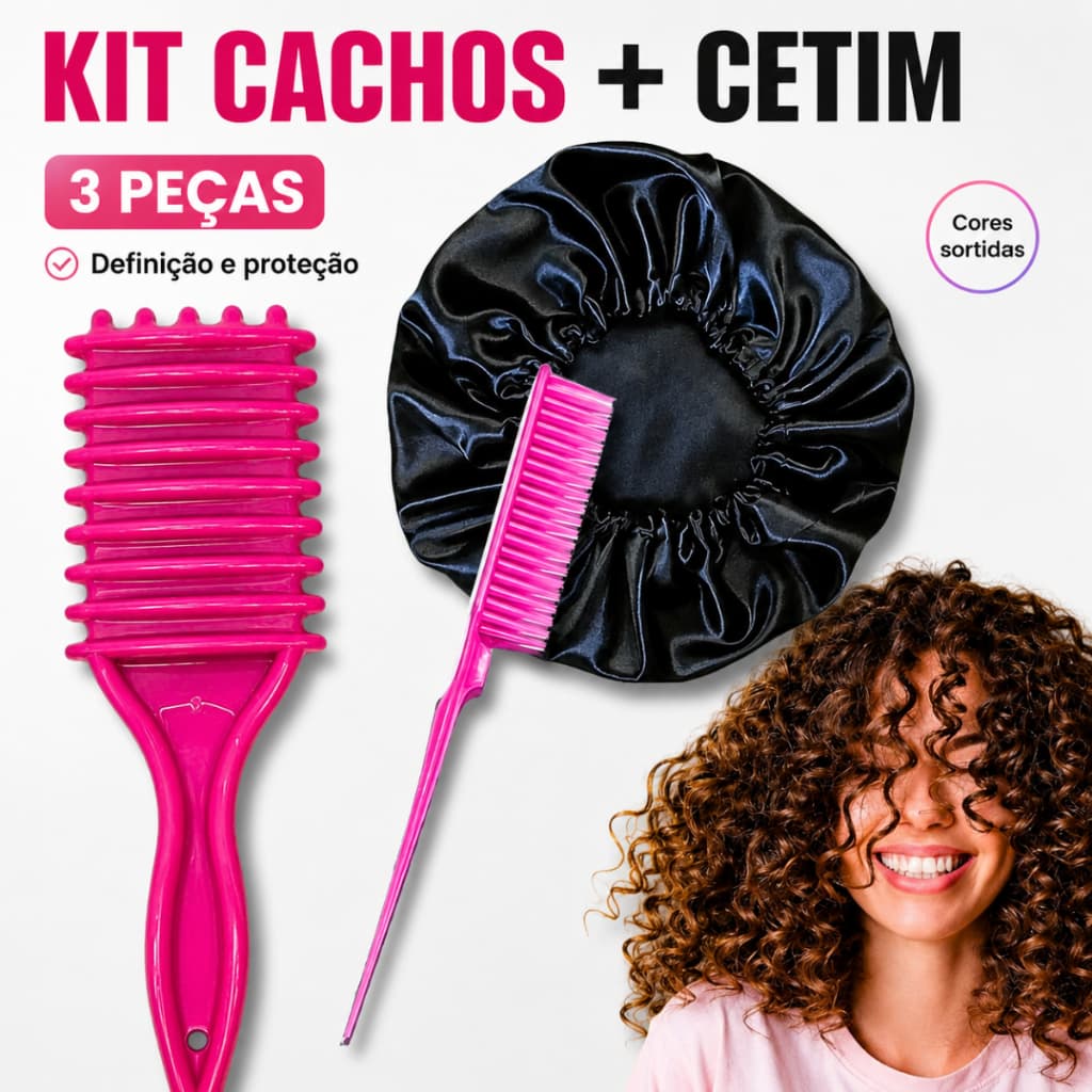 Kit Escova Finalizadora de Cachos, Pente 3 Fileiras, Touca de Cetim Cor Sortido