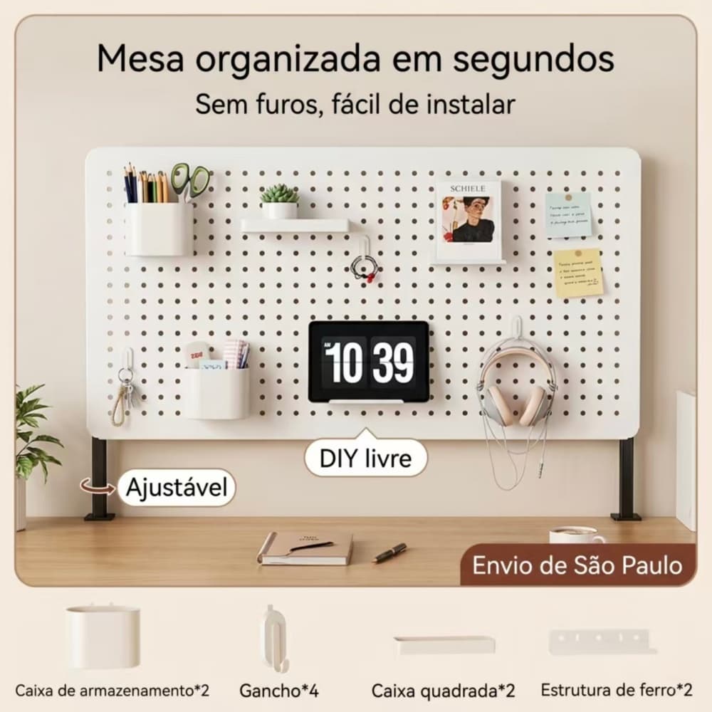 Painel Perfurado de Mesa Premium - Organizador de Setup Gamer e Estudos - Aço Carbono Reforçado com Clipe Ajustável